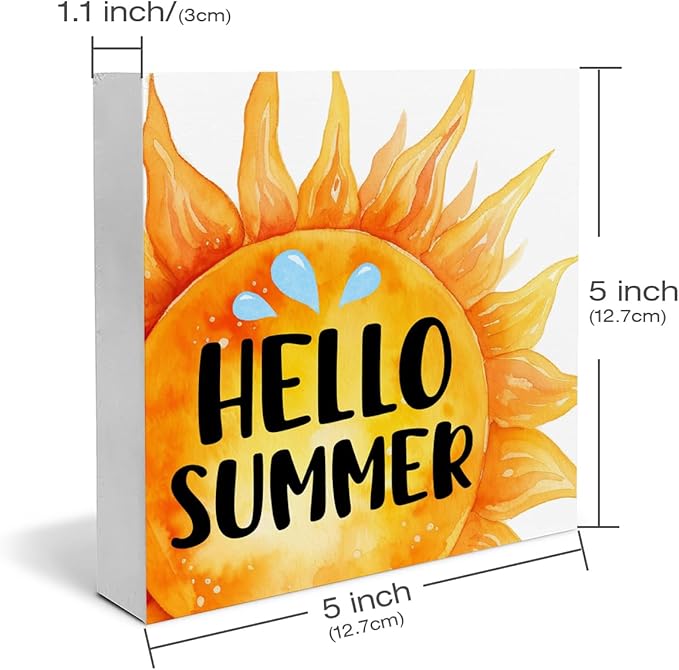 Hello Summer Decor Sun Wood Block Sign Farmhouse Summer Decorations for Home Desk Table Shelf 5 x 5 Inches