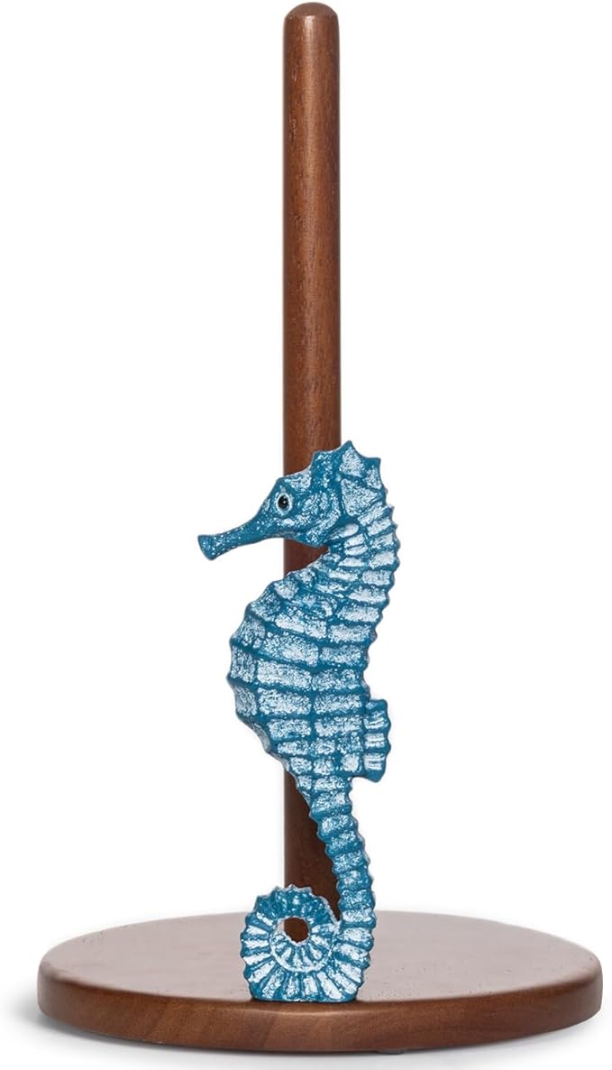 Seahorse Paper Towel Holder - Beach House Decor Unique Coastal Decor Seahorse Gifts for Women, Funny Cute Paper Towel Holder Stand Wood Kitchen Countertop Bathroom Decor Blue Coastal Kitchen