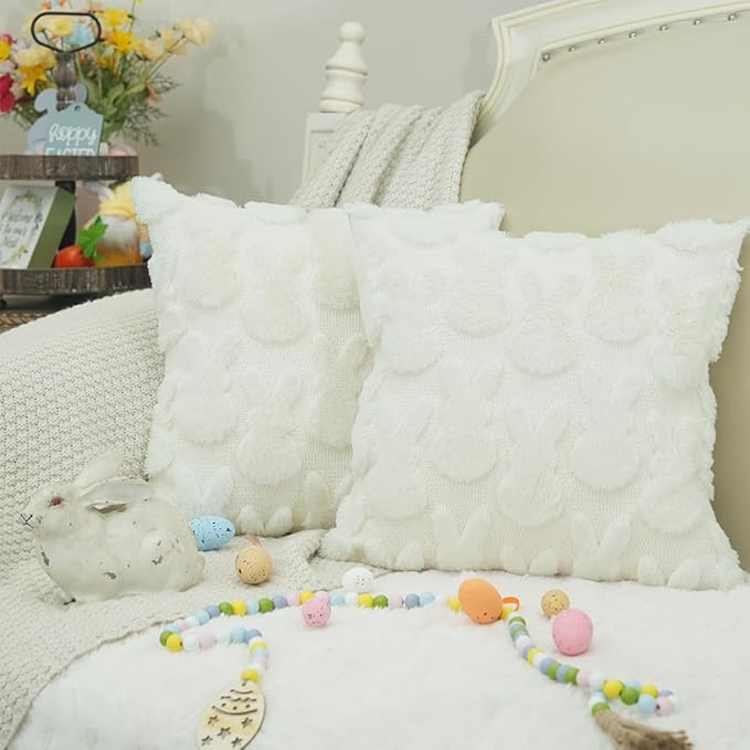 GEEORY Easter Bunny Soft Plush Pillow Covers, 20 x 20 Inch Set of 2, Fluffy Faux Fur Wool Decorative Farmhouse Cushion Case for Sofa Home Decoration Cream GC013-20