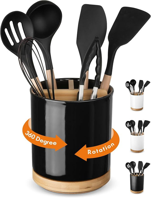 LoeJan 3 Compartment Utensil Holder, Extra Large Utensil Crock, Stable Ceramic Utensil Organizer, Cooking Tool Organizer Set for Kitchen Counter Farmhouse Decor (D-Black(Grossy))