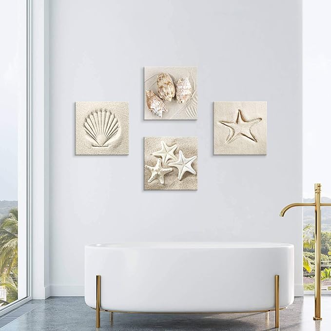Coastal Serene Canvas Wall Art: Shells on Beach Sand Giclee Print Painting for Wall Decor for SPA Room (16''x16''x4pcs)