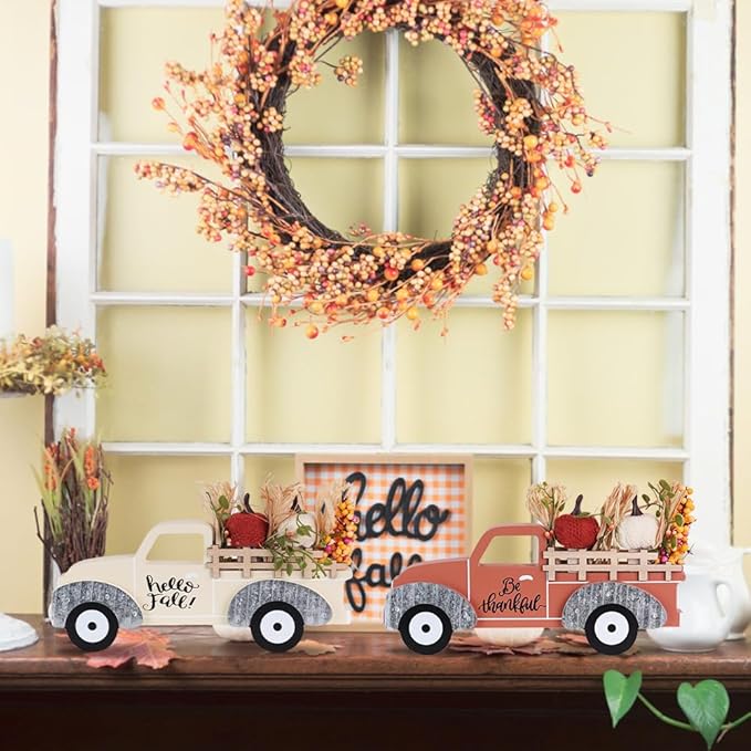 NEEDOMO Fall Decorations for Home, Large Size 2 Pack Wood Truck with Pumpkin Fall Decor, Decorative Wooden Truck Set for Room, Table, Tiered Tray, Mantel, Thanksgiving Decorations