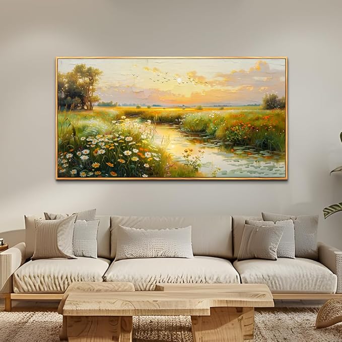 ZUITINGHUA Wood Framed Canvas Wall Art For Living Room Large Wall Decor For Office Bedroom Decorations Pastoral Scenery Picture Water edge Painting Artwork Ready To Hang Home Decor 30x60 In
