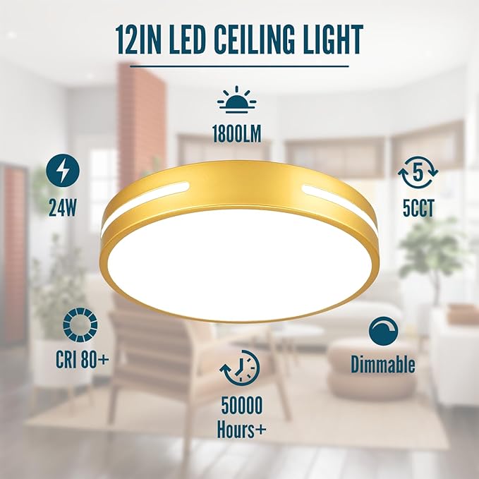 Gold LED Light Fixtures Ceiling Mount, Overhead Flush Mount Ceiling Light Interior 12 inch 24W, Close to Ceiling Light 5CCT for Bathroom, Bedroom, Hallway