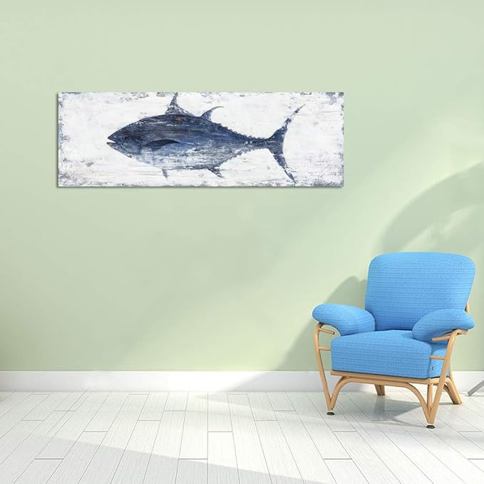 Yihui Arts Vintage Blue Tuna Coastal Wall Art: Rustic Nautical Decor for Beach-Inspired Spaces