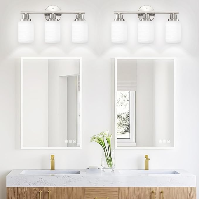 3-Light Bathroom Light Fixtures, Vanity Lights for Mirror with Textured Milky White Glass Shade, Modern Kitchen Light Fixtures Wall Sconce Light - E26 Base - Brushed Nickel