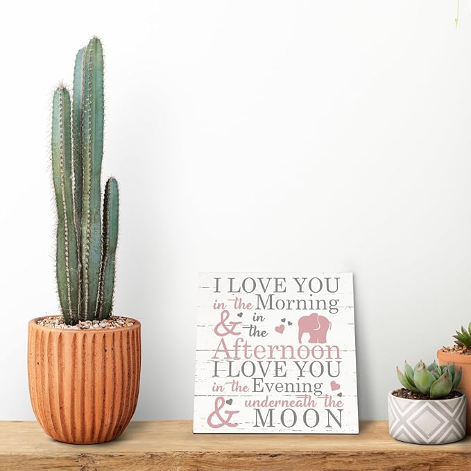 Love Sign, Wood Plaque Table Art Sign 6.2 * 6.2inch, Elephant Wood Sign for Nursery, Decoration for Baby Girls Room, Daughter's Room Decor, I Love You in the Morning Afternoon Evening & Moon D