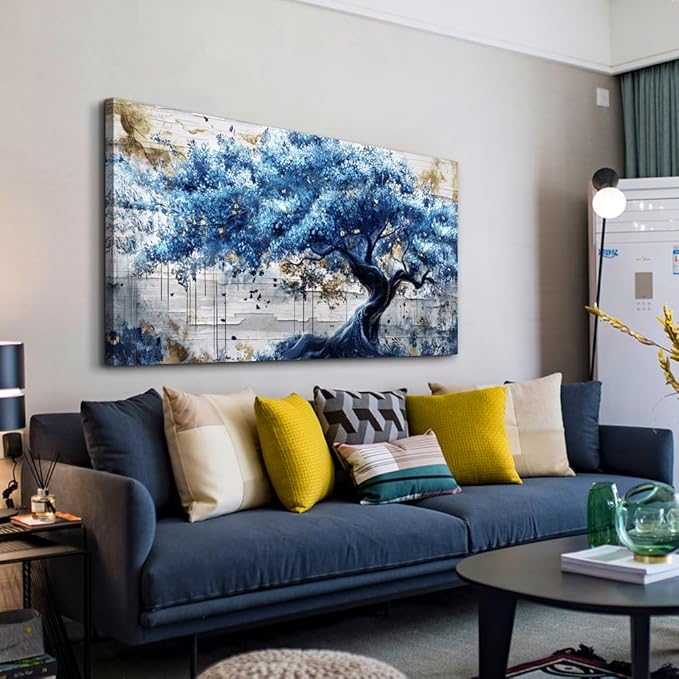 ERQINHUA Large Canvas Wall Decor For Living Room Wall Art For Bedroom Office Decor Blue Tree Wall Paintings Farmhouse Abstract Watercolour Pictures Artwork Home Decor Ready To Hang Posters 30"X60"