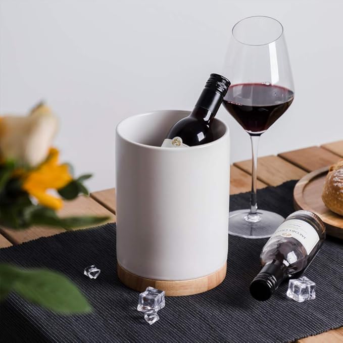 Sweejar Kitchen Utensil Holder with Wooden Bottom, 6.7" Ceramic Utensil Crock to Hold Spatulas for Cooking Countertop, Housewarming, Wedding, Birthday Gift (White)