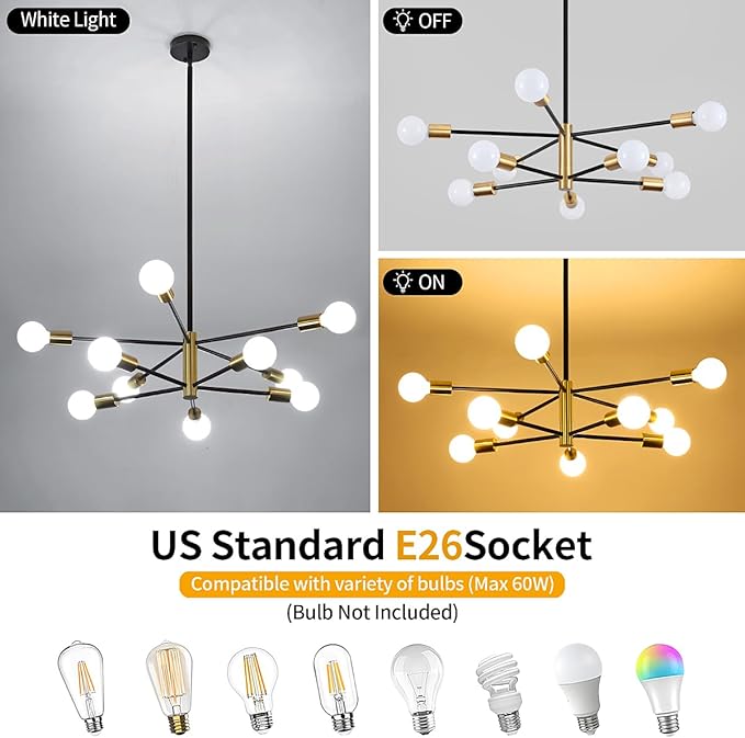 10-Light Modern Chandelier Sputnik Light Fixtures, Mid Century Chandelier Dining Room Light, Black and Gold Ceiling Lights Chandeliers for Bedroom Living Room Kitchen