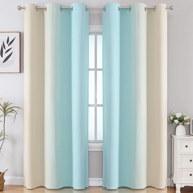Estelar Textiler Aqua and Beige Room Darkening Blackout Curtains 84 Inch Length 2 Panels Set for Living Room, Thermal Insulated Ombre Light Blocking Grommet Blackout Drapes for Bedroom, 42Wx84L