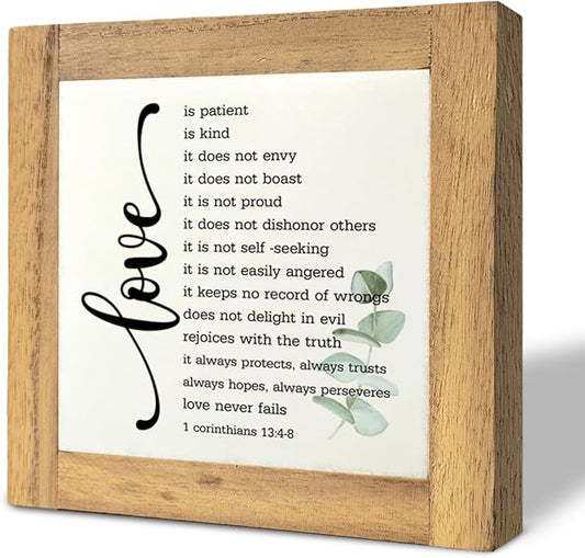 Bible Verse Corinthians 13:4-8 Box Sign, Love Never Fails, Wooden Plaque Gift Tabletop, Rustic Love Sign, Wood Block Plaque for Anniversary, Religious Home Decor, Gift for Couple, Wedding Gift A1