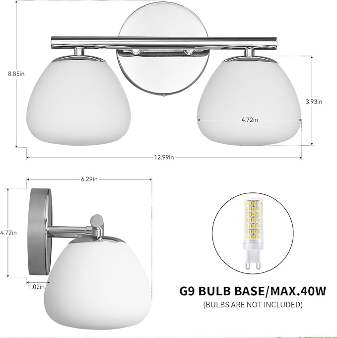 Modern 2 Light Bathroom Vanity Light Chrome Vanity Light Bathroom Light Fixtures Over Mirror with Milk Glass Shade Bathroom Wall Sconce