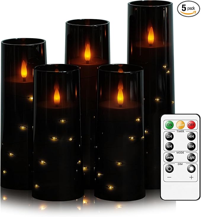 Flameless LED Candles with Timer 5 Pc Flickering Flameless Candles for Romantic Ambiance and Home Decoration Stable Acrylic Shell,with Embedded Star String,Battery Operated Candles(Grey)