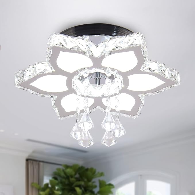 FRIXCHUR Crystal Chandelier Modern LED Flower Shape Chandeliers Ceiling Light Fixture Flush Mount Ceiling Lamp for Bedroom Living Room Dining Room Foyer(Cool White),13.4"