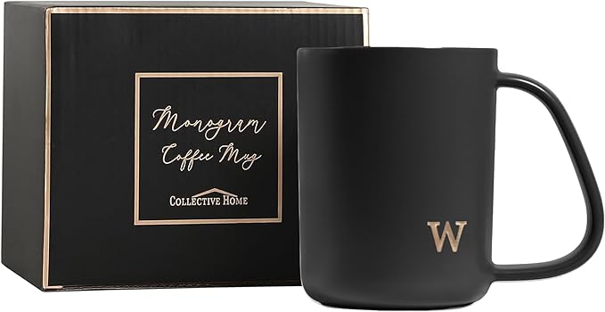 COLLECTIVE HOME - Ergonomic Handle Ceramic Mug, 15 oz Personalized Coffee Cup with Golden Initial, Microwave & Dishwasher Safe, Elegant Monogram Tea Mug in Gift Box for Home & Office (Black-w)