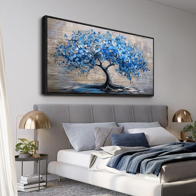 ERQINHUA Large Canvas Wall Decor For Living Room Farmhouse Wall Art For Bedroom Black Framed Mural Abstract Paintings Blue Tree Wall Pictures Artwork Office Decoration Dormitory Home Decor 30x60 In
