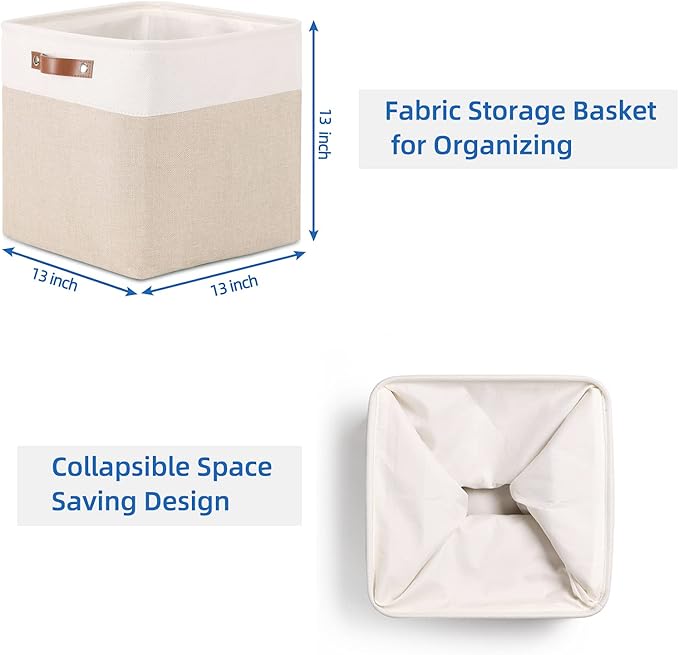 Temary Cube Storage Bins 13x13 Fabric Storage Cubes Baskets Set Of 4 Cloth Baskets for Shelf, Large Bin Empty Basket for Organizing, Shelf Basket (White&Khaki)
