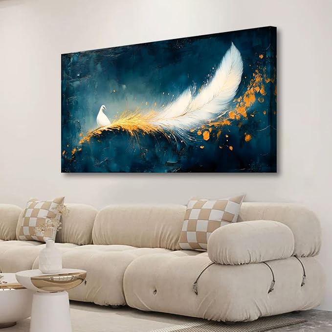 Abstraction Pictures Canvas Wall Art for Living room Office Bedroom Wall Decor, Peacock Wall Art Print Paintings Modern White Feather Zoon Artwork Waterproof Ready to Hang-20x40inch