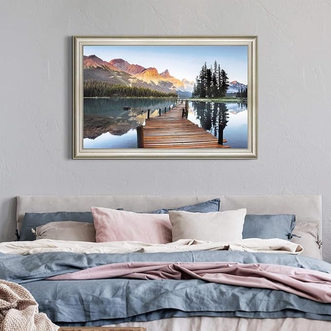 Lake Landscape Canvas Wall Art: Framed Nature Bridge Water Picture Mountain Sunset Prints for Living Room