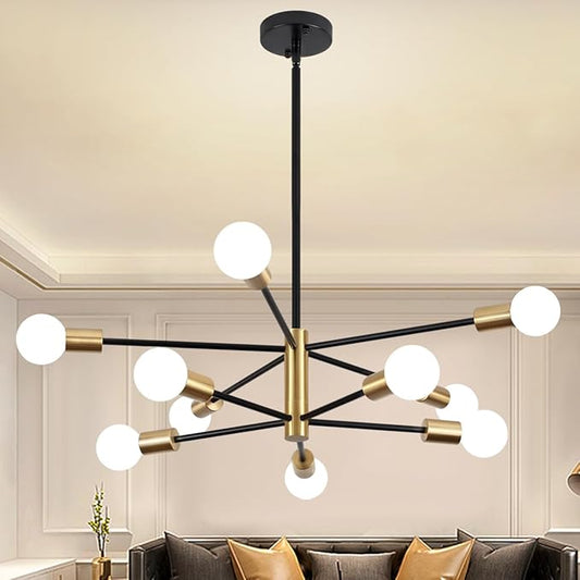 10-Light Modern Chandelier Sputnik Light Fixtures, Mid Century Chandelier Dining Room Light, Black and Gold Ceiling Lights Chandeliers for Bedroom Living Room Kitchen