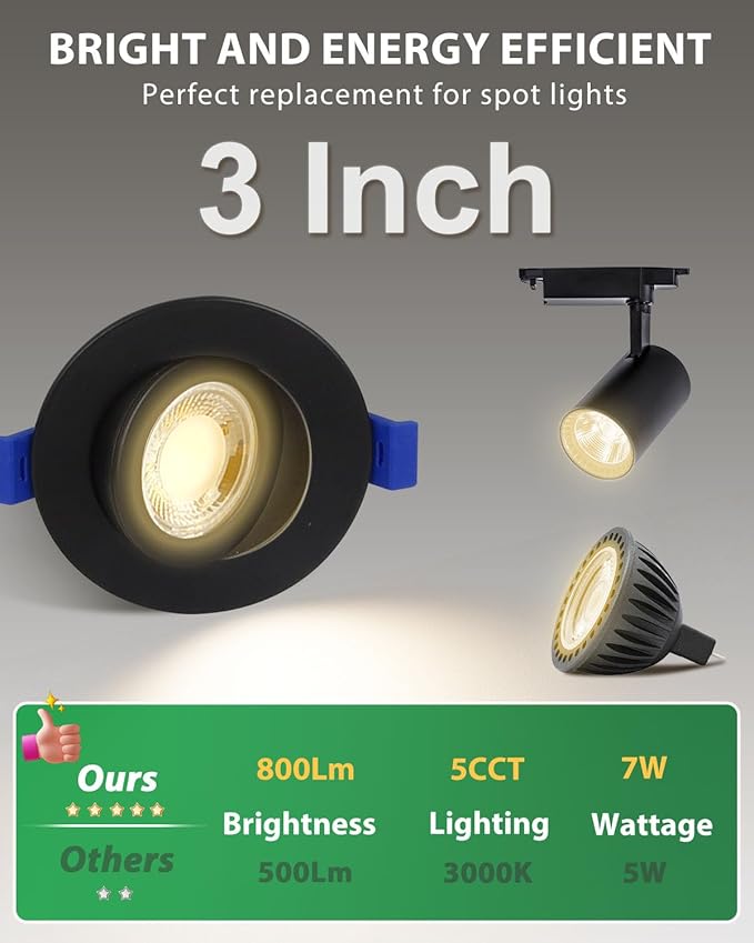 zouzai 5CCT LED Gimbal Led Recessed Light with Junction Box, 360ยฐ+90ยฐ Adjustable Directional Eyeball Lighting, Dimmable, 2700K/3000K/3500K/4000K/5000K,ETL&Energy Star (Black 12 Pack, 3 inch)