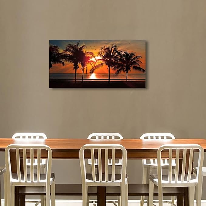 Beach Canvas Wall Art Seascape Theme Pictures Home Decor Blue Ocean Coconut Tree Sunset Prints Paintings for Living Room Bathroom Bedroom Kitchen Office Decoration Natural Scenery Artwork 28x57 inches