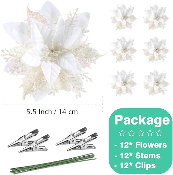 Christmas Poinsettia Artificial Flowers Decorations 5.5" Christmas Tree Wreaths Garland Decoration 12 Pcs Glitter Flowers Picks Decor for Xmas New Year Wedding Party Ornaments (White)