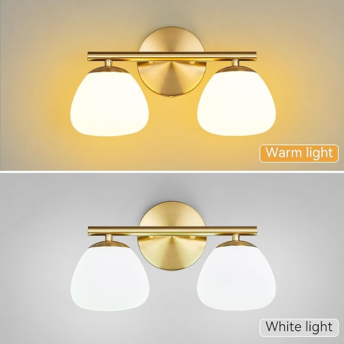 Modern 2 Light Bathroom Vanity Light Gold Vanity Light Bathroom Light Fixtures Over Mirror with Milk Glass Shade Bathroom Vanity Lighting Fixtures