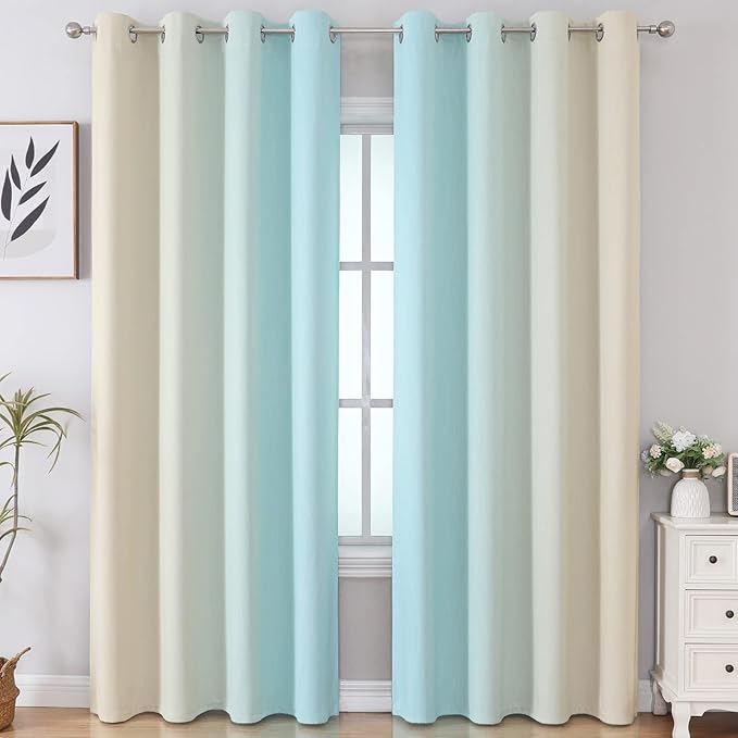 Estelar Textiler Aqua and Beige Gradient Blackout Curtains 84 Inches Long, Thermal Insulated Ombre Blackout Drapes for Bedroom, Room Darkening Energy Saving Curtains for Living Room, 52Wx84L, 2 Panels