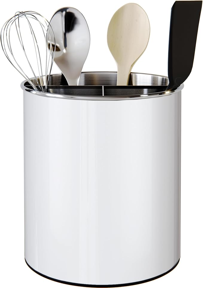 Rotating Extra Large Stainless Steel Utensil Holder Caddy with Sturdy No-Tip Weighted Base, Removable Divider, and Gripped Insert Bottom - Dishwasher Safe Metal Cooking Utensil Holder (White)