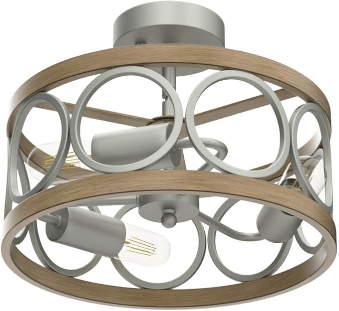 XINGQI 13" Modern 3-Light Brushed Nickel Rustic Semi Flush Mount Ceiling Light Fixture Wood Grain Metal Round Lamp for Kitchen Dining Room Bedroom Entryway