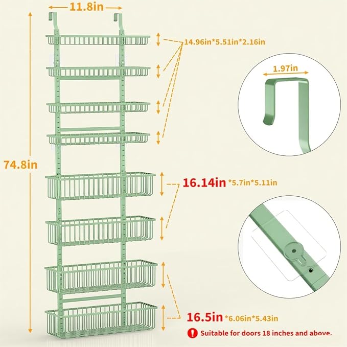 Moforoco Sage Green Over The Door Pantry Organizer, Pantry Door Organizer Shelves, Kitchen Organizers and Storage, Hanging Basket Wall Spice Rack Seasoning Shelves