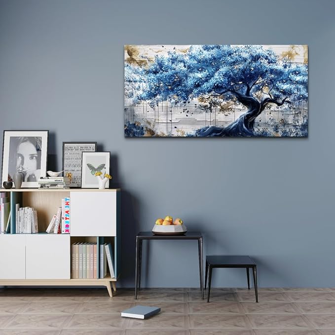 ERQINHUA Blue Tree Wall Paintings Canvas Wall Art For Living Room Large Wall Decor For Bedroom Office Decorations Farmhouse Abstract Watercolour Pictures Artwork Home Decor Ready To Hang 20"X40"
