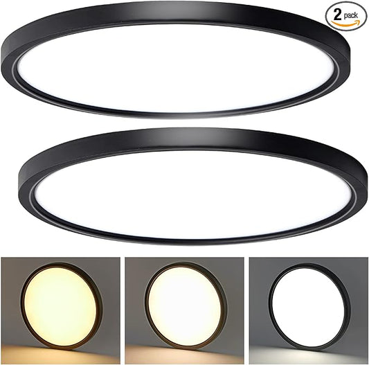 15.8 Inch Black Blush Mount Ceiling Light, Dimmable & 3000K-4000K-5000K Selectable - 24W Low Profile Slim Surface, 2 Pack