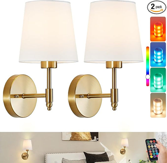 Rechargeable Wall Sconces Set of 2, Brushed Gold Cordless Battery Operated Sconce with Dimmable LED Bulb and Remote, 13 Colors Wall Lights for Bedroom Living Room Hallway