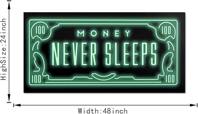 Office Artwork Wall Decor with Inspiring Quote - Money Never Sleeps Motivational Wall Art Modern Home Decor Green Kitchen Pictures 1 Panels Large Artwork for Wall Framed Ready to Hang - 48" x 24"