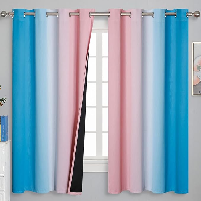 Estelar Textiler Pink and Blue Curtains 63 Inch Length 2 Panels, Ombre Total Blackout Curtains for Bedroom, Grommet Thermal Insulated Gradient Blackout Drapes for Kids Room, 52x63 Inch