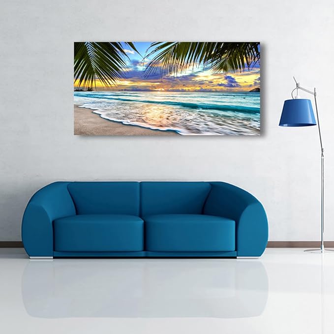 Beach Pictures Canvas Wall Art for Living room Bedroom Wall Decor,Sunset and Beautiful clouds Wall Art Print Paitnings for home Decor,Morden Artwork Waves Canvas Art Waterproof Stretched Ready to