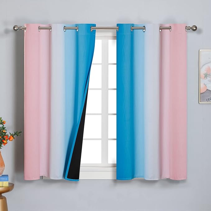 Ombre Pink and Blue Blackout Curtains 45 Inches Long, Full Light Blocking Curtains for Bedroom, Wavy Line Pattern Grommet Thermal Insulated Gradient Drapes for Living Room,42x45 Inch, 2 Panels