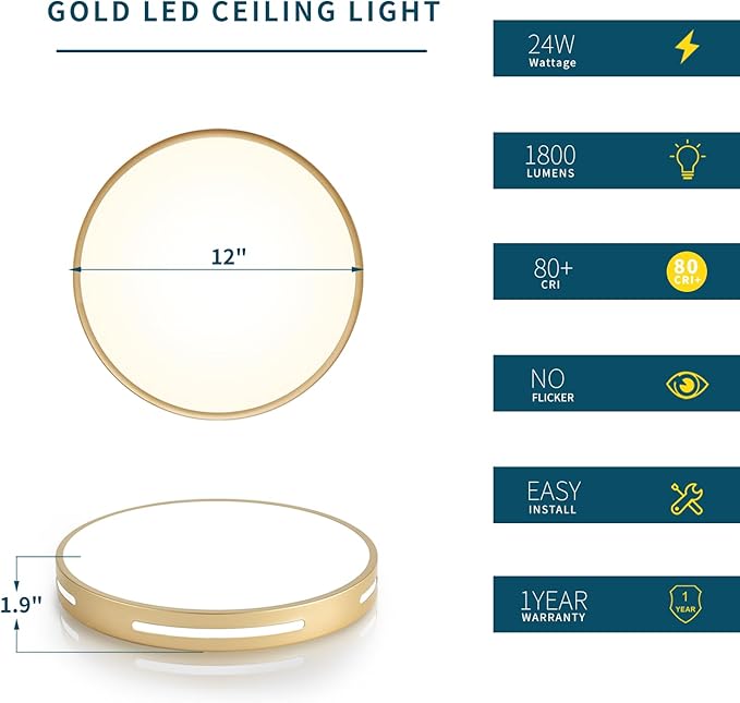 Gold Flush Mount Ceiling Light Fixture LED,24W Bathroom Light Fixture Ceiling Mount Dimmable Set of 3,12 inch Close to Ceiling Light Fixture 5CCT for Kitchen, Bedroom, Living Room