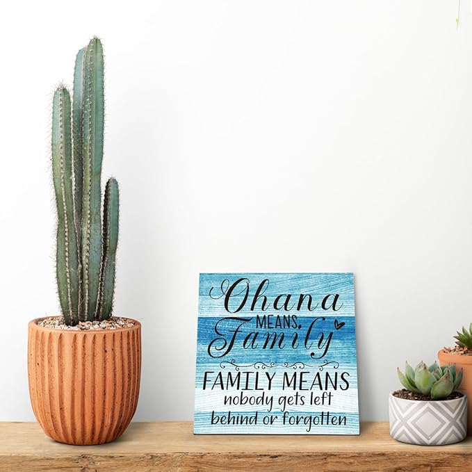 Family Wooden Plaque, “Family Means Nobody Gets Left Behind or Forgotten”, 6.2x6.2 Inch Table Art Sign, Farmhouse Quote Decor for Living Room or Home Tabletop B