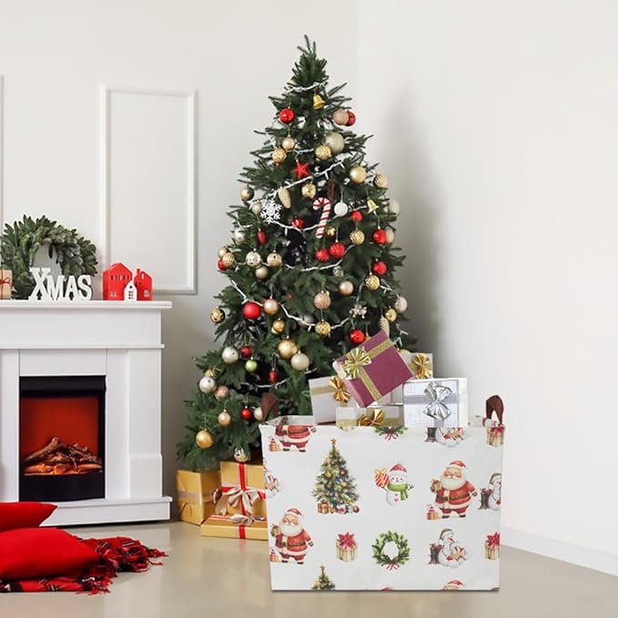 CLOCOR Collapsible Fabric Storage Container, Waterproof Toy Bin with Handles, Gift Basket (Watercolor Christmas)