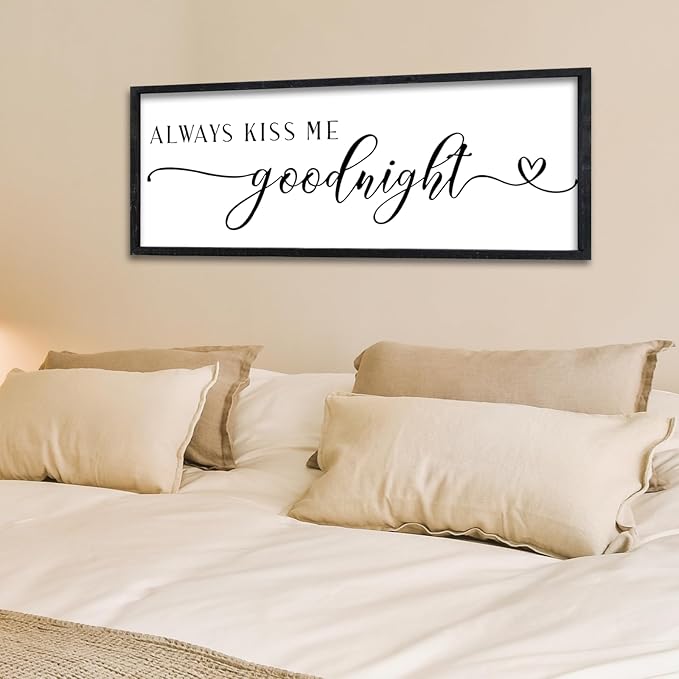Surfapans Master Bedroom Above Bed Wall Decor 32"×12" Always Kiss Me Goodnight Sign Rustic Farmhouse Couples Over Bed Romantic Love Quotes Modern Large Wood Frame Horizontal Wall Hanging Art (Black