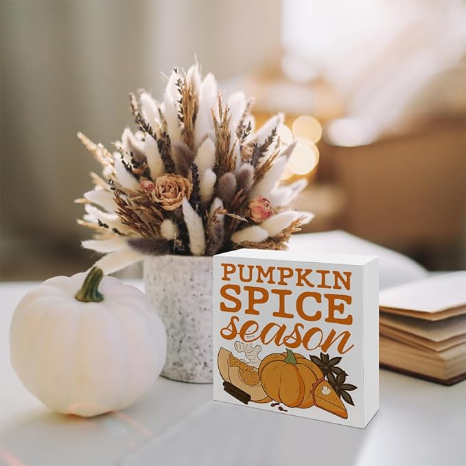 Pumpkin Decor, Autumn Home Office Decors, Fall Decor Art, Autumn Thanksgiving Wooden Signs, Rustic Tabletop Decors, Decorative Wooden Box Sign, Pumpkin Spice Season Wood Signs A14