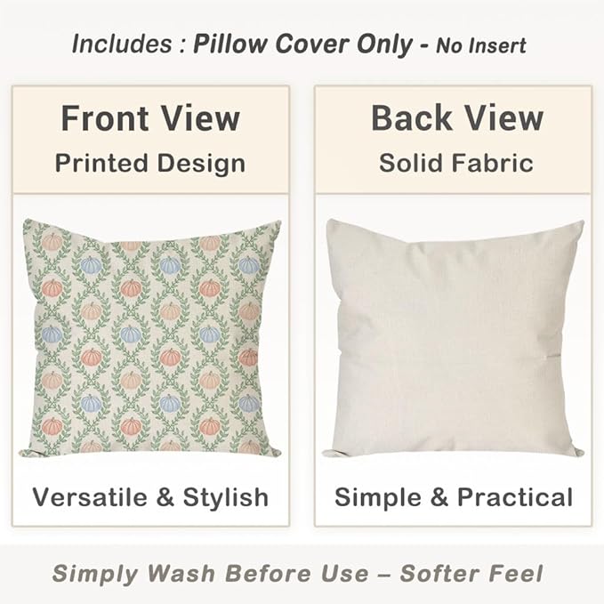 Fall Decorative Throw Pillow Covers 18x18 Inch Set of 2 Blue Orange Pumpkin Green Scalloped Pastel Outdoor Cottage Autumn Decor Pillows Cases Grandmillennial Decorations for Home Room Couch