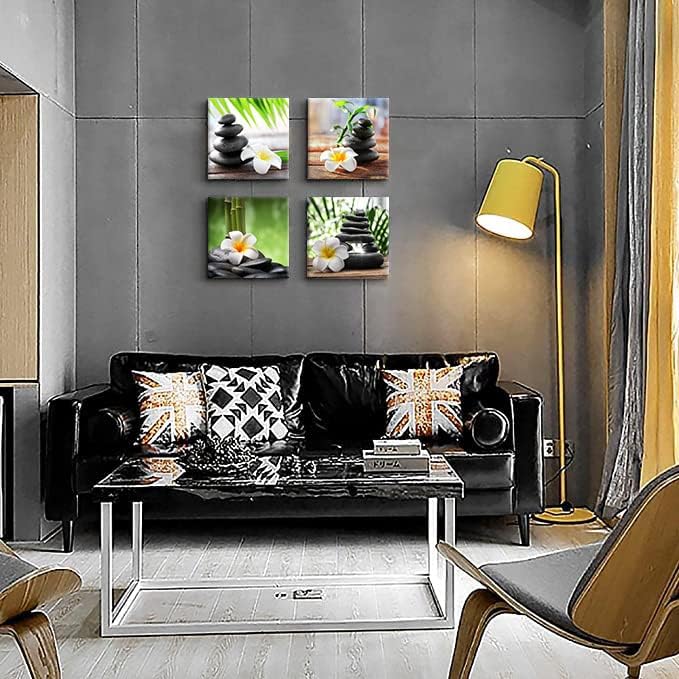 Yxbhhym-Zen Pictures Meditation Canvas Wall Art Spa Stone Green Room Decor White Frangipani Flower Poster Painting Zen Artwork for Bathroom Wall Dรฉcor Living Room Kitchen Decorations Framed Art