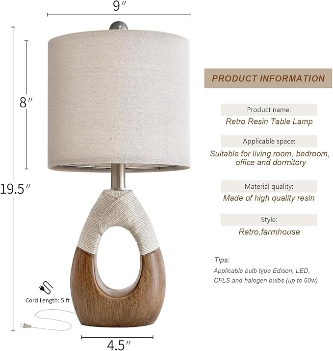 OYEARS Boho Table Lamps Bedroom Living Room Set 2,Suitable for Small Space,Farmhouse RattanTable Lamp 19”Rustic Egg Design Resin Light Decoration,Nightstand Bedside Lamps for Office Study Rest