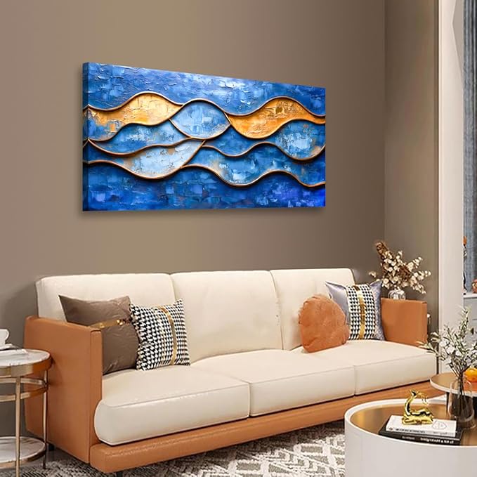 Abstract Pictures Canvas Wall Art for Living room Office Bedroom Wall Decor, Linear Wall Art Print Paintings Modern Blue Golden Abstraction Artwork Waterproof Ready to Hang-20x40inch