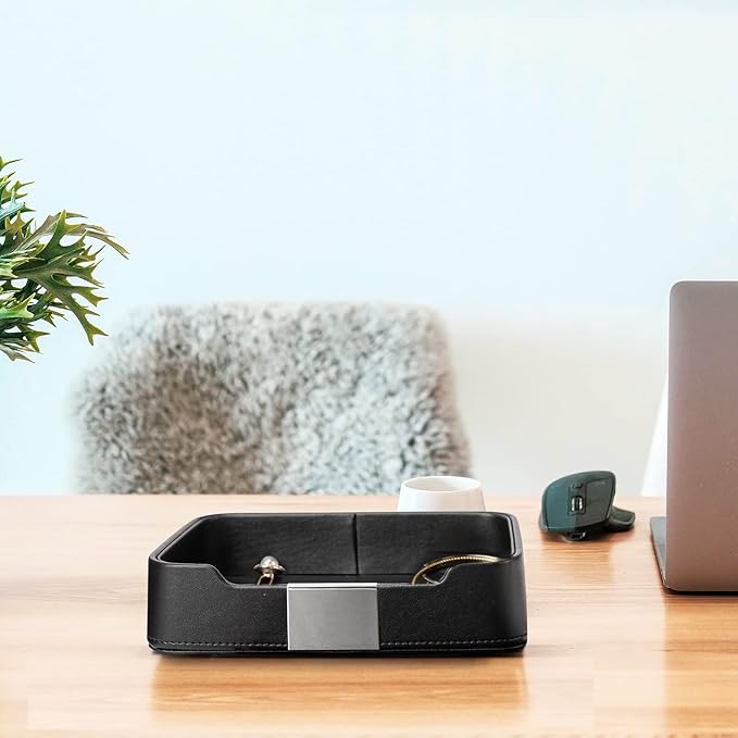 SANZIE Luxury Leather Tray Desktop Storage Catchall Organizer Decorative Tray for Entryway Table to Hold Jewelry Watch Keys Phone Wallet (Metal Silvered, Black)